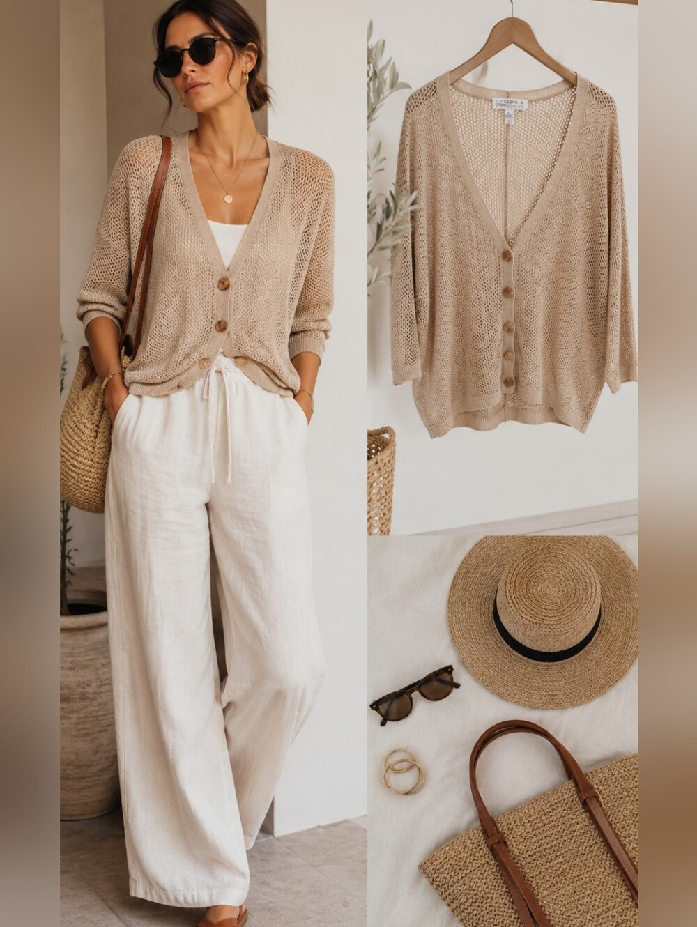 Joseph A Beige Open-Knit Button Cardigan